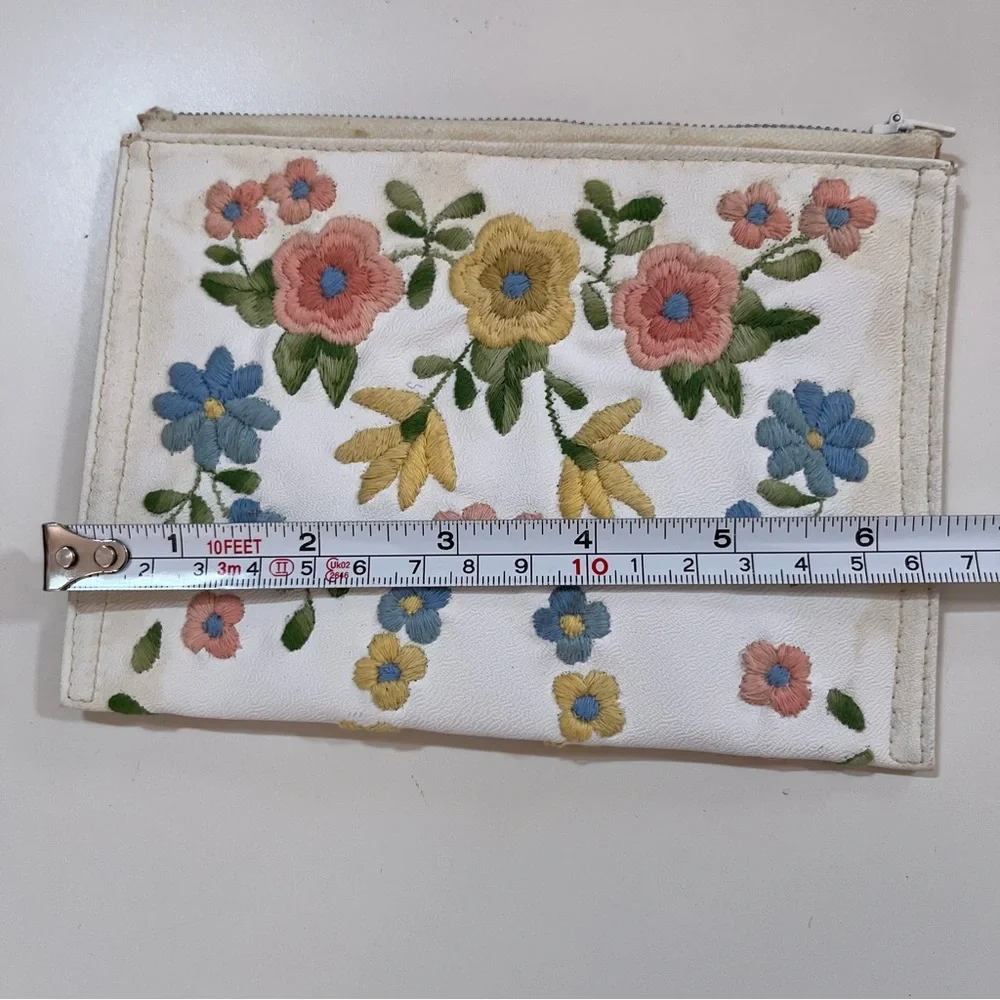 Vintage 40 50 Retro white Leather Pastel embroidered Cottagecore Clutch mini Bag - Picture 9 of 16